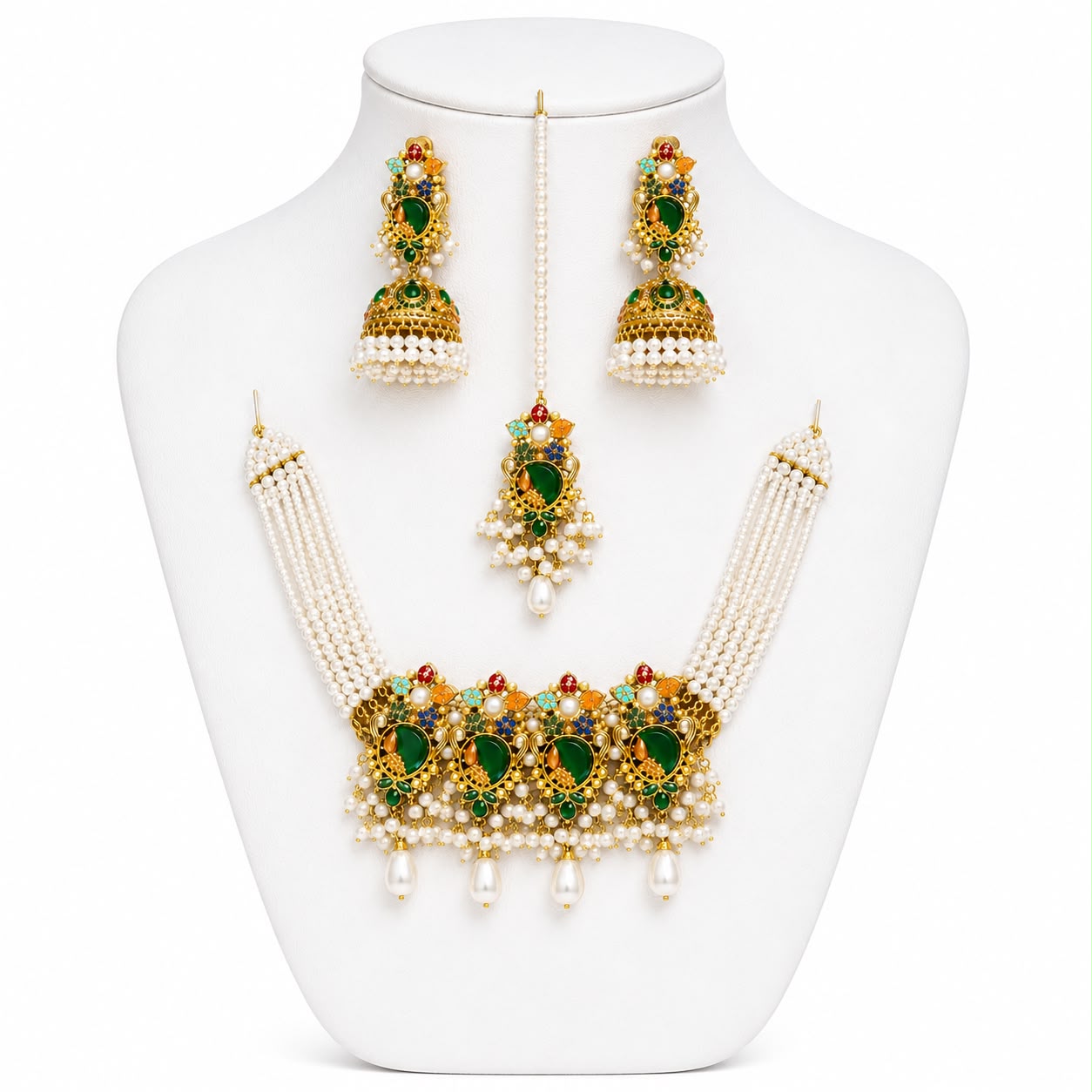 Royal Pearl & Emerald Bridal Necklace Set
