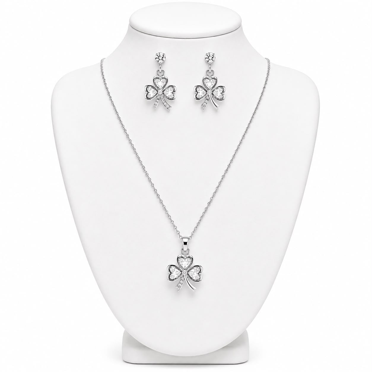 Silver Clover Pendant Necklace Set