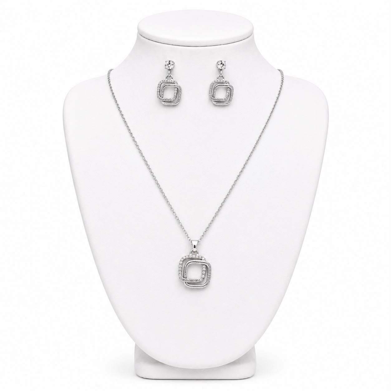 Silver Square Pendant Necklace Set