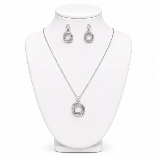 Silver Square Pendant Necklace Set