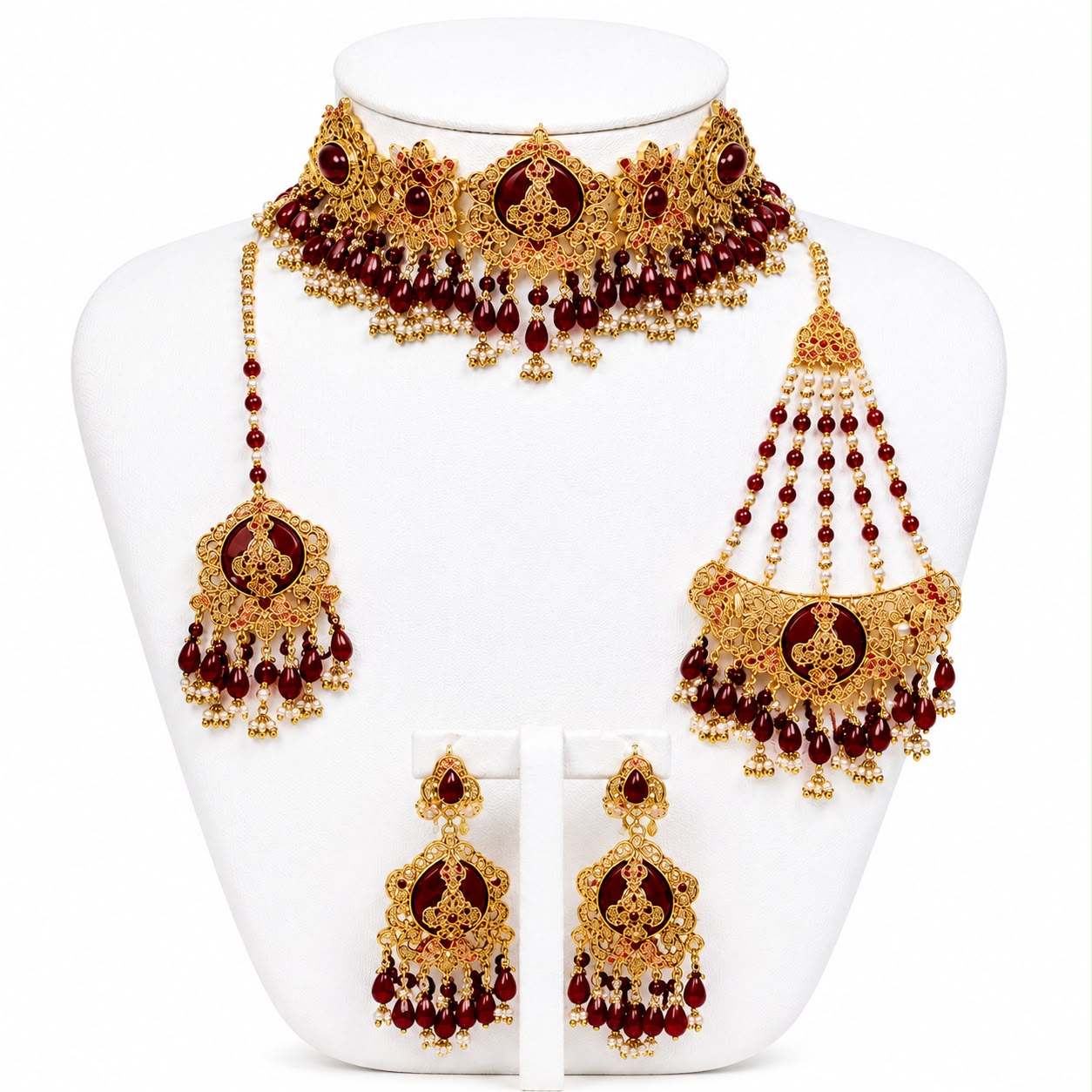 Royal Ruby Bridal Choker Jewelry Set with Jhumar & Earrings