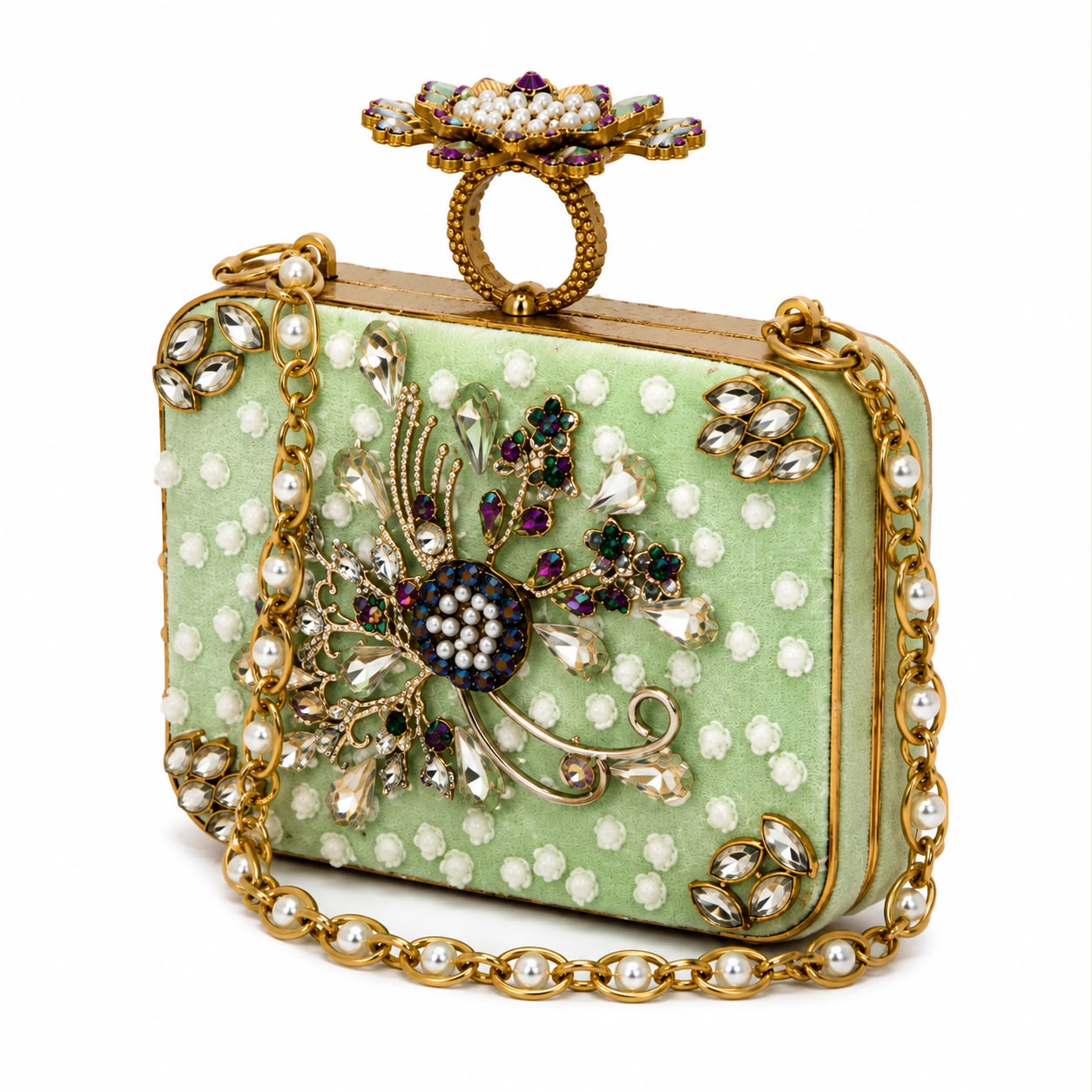 Luxury Turkish Emerald Floral Crystal Box Clutch Bag for Women