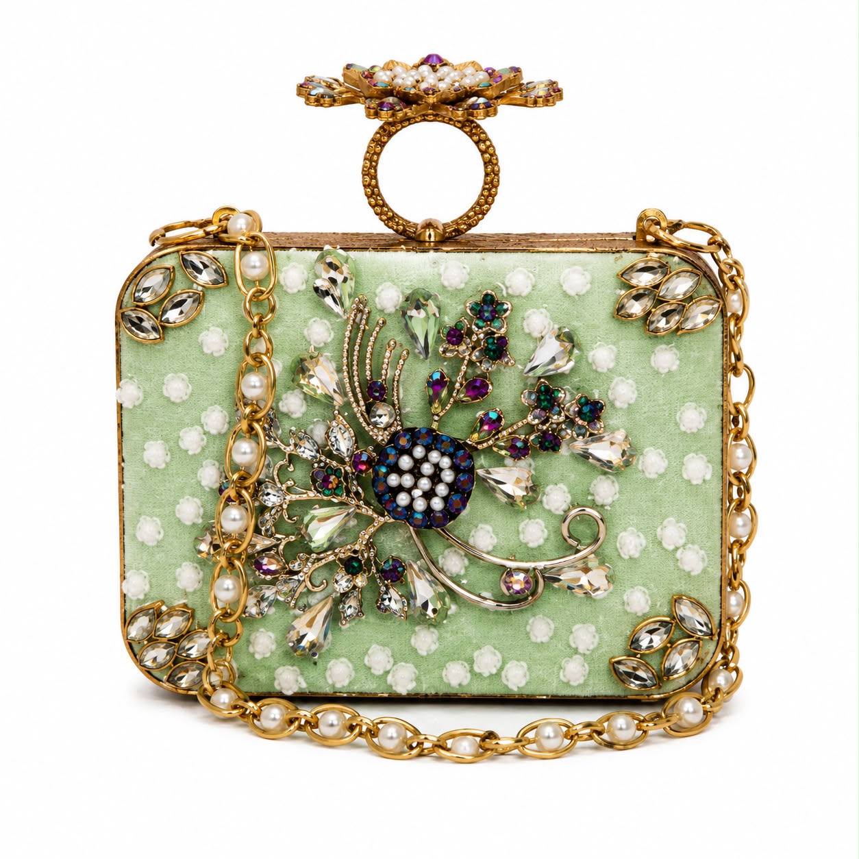Luxury Turkish Emerald Floral Crystal Box Clutch Bag for Women