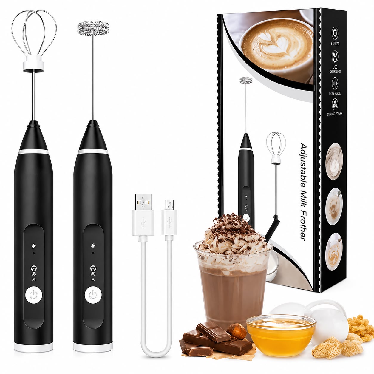 USB Rechargeable Electric Milk Frother | 3-Speed Coffee & Cappuccino Foam Maker