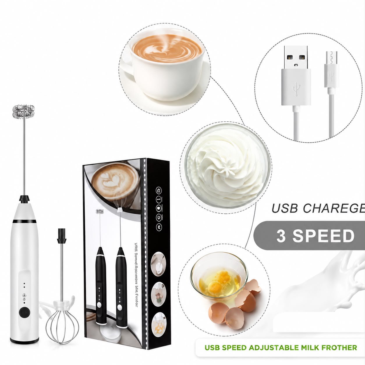 USB Rechargeable Electric Milk Frother | 3-Speed Coffee & Cappuccino Foam Maker