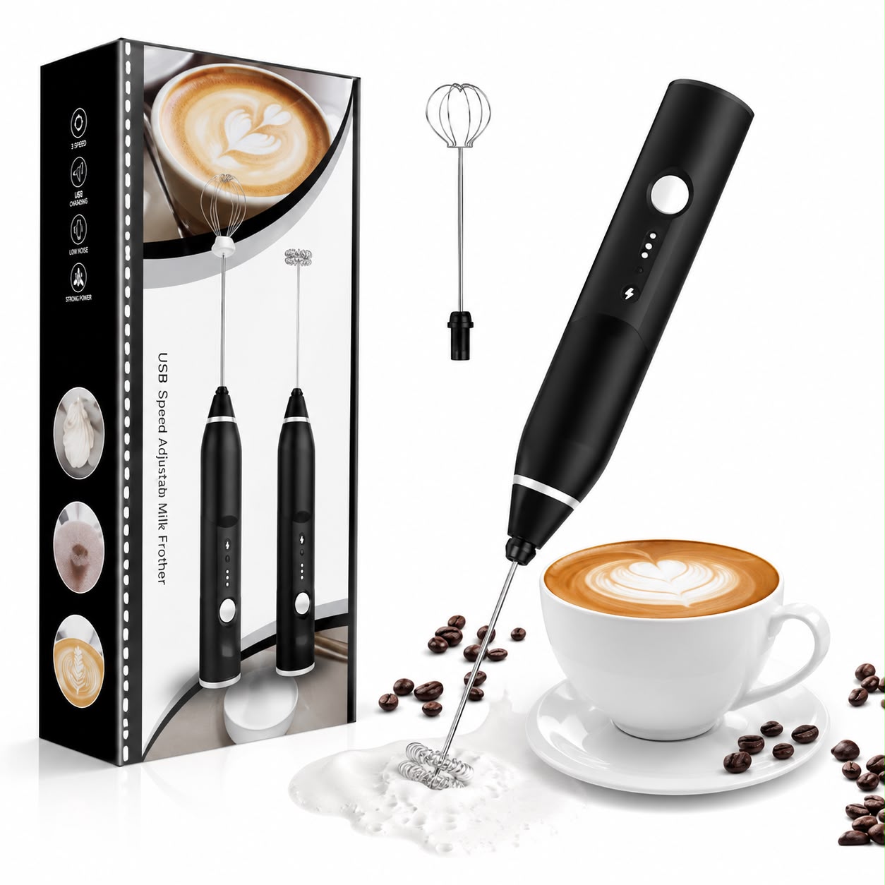 USB Rechargeable Electric Milk Frother | 3-Speed Coffee & Cappuccino Foam Maker